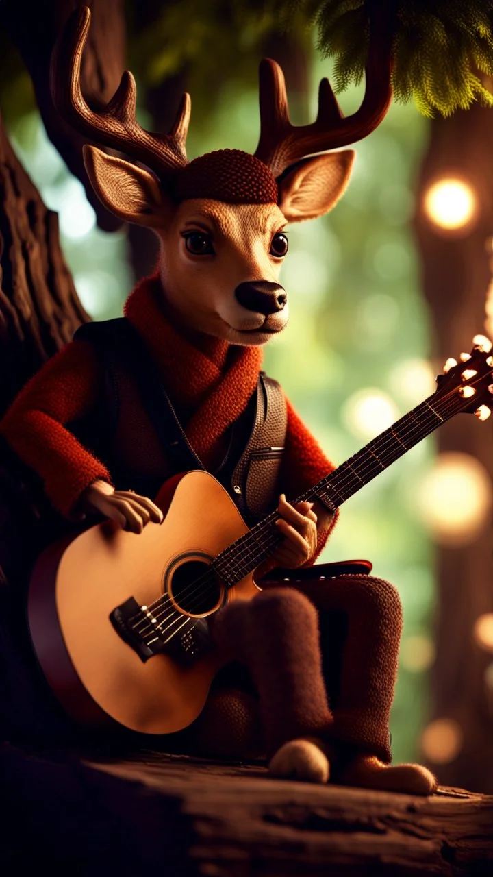 portrait of hairy rock guitar ninja deer living inside a tree house in a hollow huge tree growing light bulbs, singing into ornate studio mic,bokeh like f/0.8, tilt-shift lens 8k, high detail, smooth render, down-light, unreal engine, prize winning