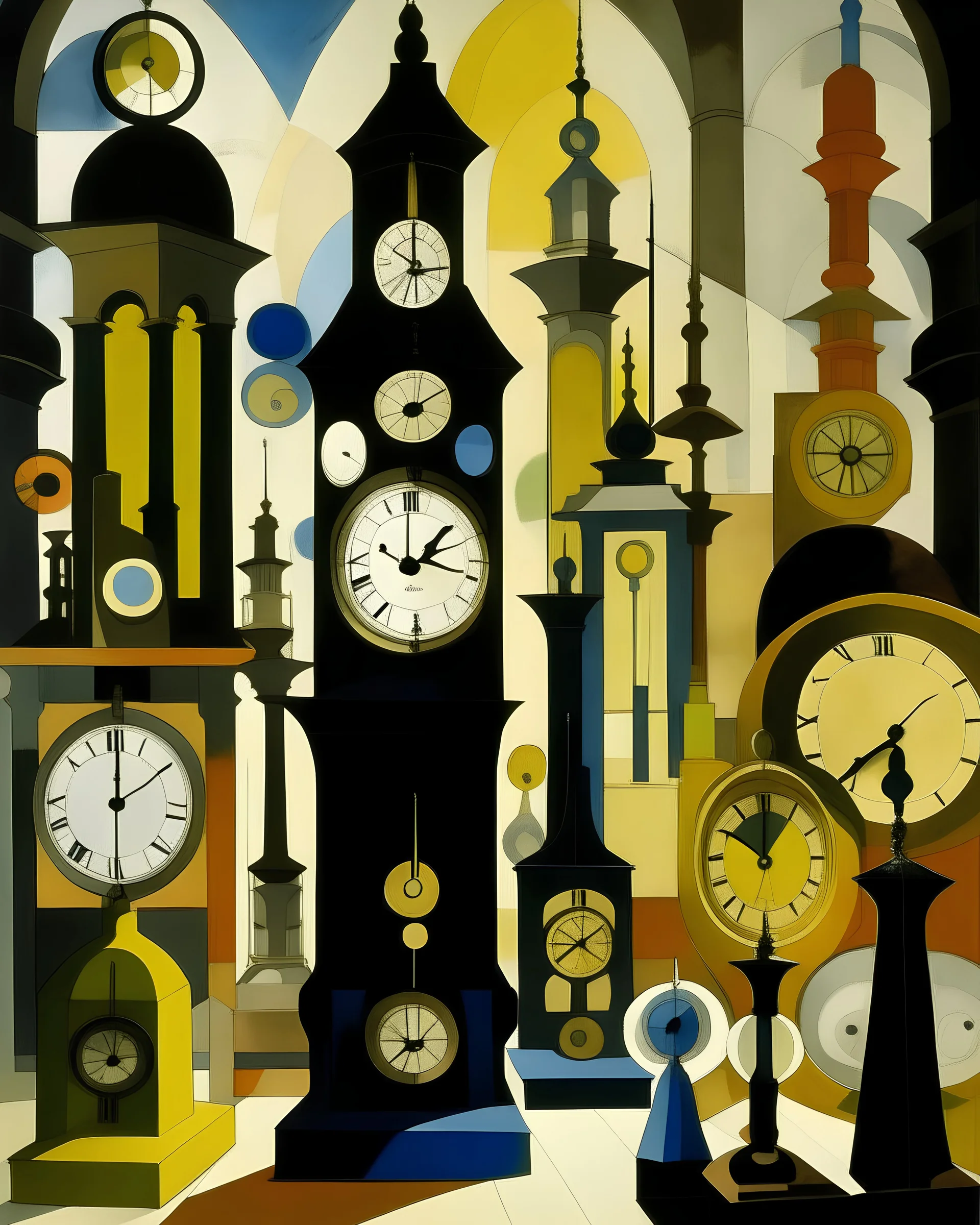 A temple filled with clock and hourglasses painted by Lyonel Charles Feininger