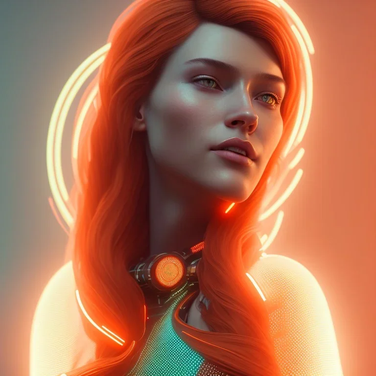 A beautiful portrait of a cyberpunk woman with grain on skim red head cyborg smiling facing camera orange color scheme, high key lighting, volumetric light high details with white stripes and feathers unreal 5, octane render, cinema4d, dynamic lighting, dramatic lighting, 4k, redshift render, highly detailed, hyper realistic like Tron the movie