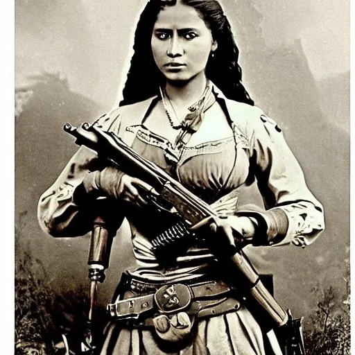 sepia artwork of beautiful female mexican outlaw wearing holster with two guns on waist and two rows of bullets in bandolier across chest, long black wavy hair, gorgeous, stunning face, 8k, high-quality, ultra-fine detail, 1800s wild west, detailed matte painting, brian froud, howard lyon, selina french, anna dittmann, annie stokes, lisa parker, greg rutowski, alphonse mucha