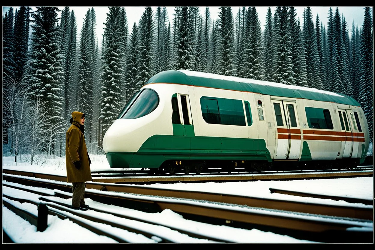 Subject( A centipede bug train robot cyberpunk futurism), Location(A forest with a futuristic train station, Forest, Alberta, night, Feb, 1994), Frame(wide shot of passenger facesinterior train), Cam( Nikon, R3, anirmorphic lens, extreme bokeh blur, analog film grain,fuji film, color fading, film scratches, mold, vinegar syndrome, dirt, dust, emulsion damage, water damage, film tears, Cinemascope mumps, gate hair)