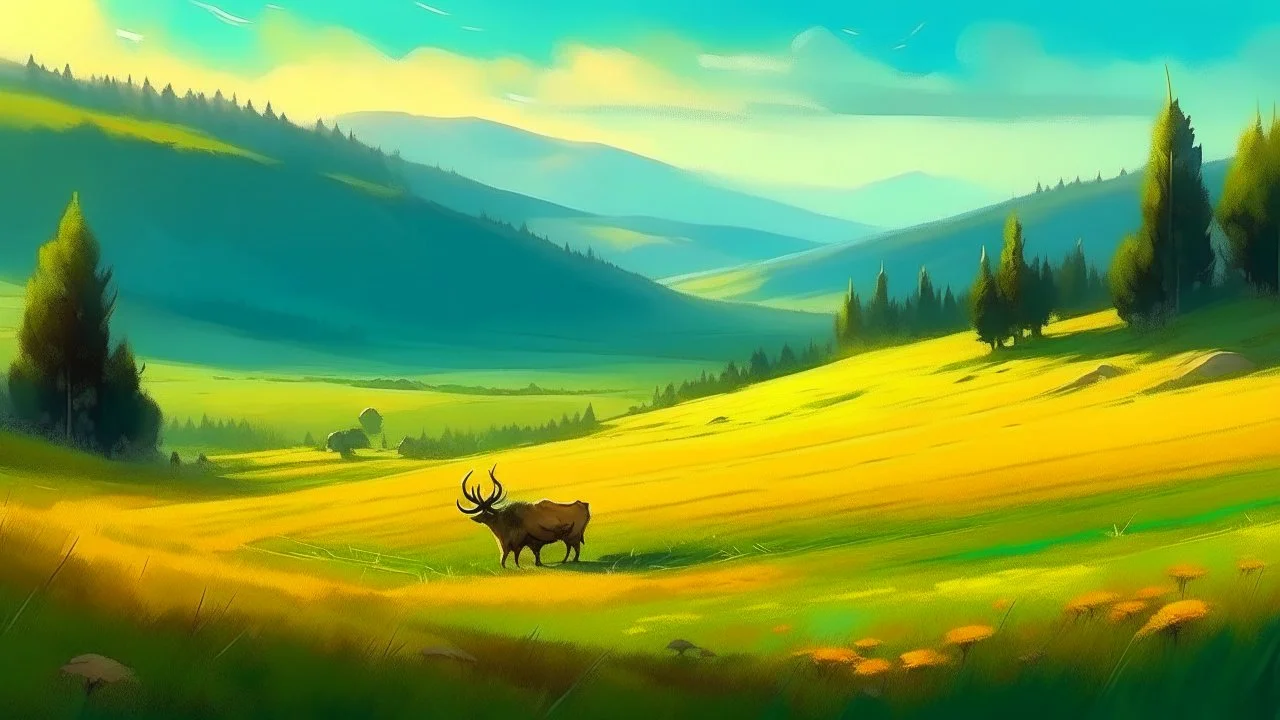 rolling hills of canola fields, elk in foreground, digital painting