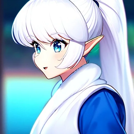 Clear focus, 8k, Elf, ranma drawing style, White hair, ponytail, hair in between the eyes, up close,