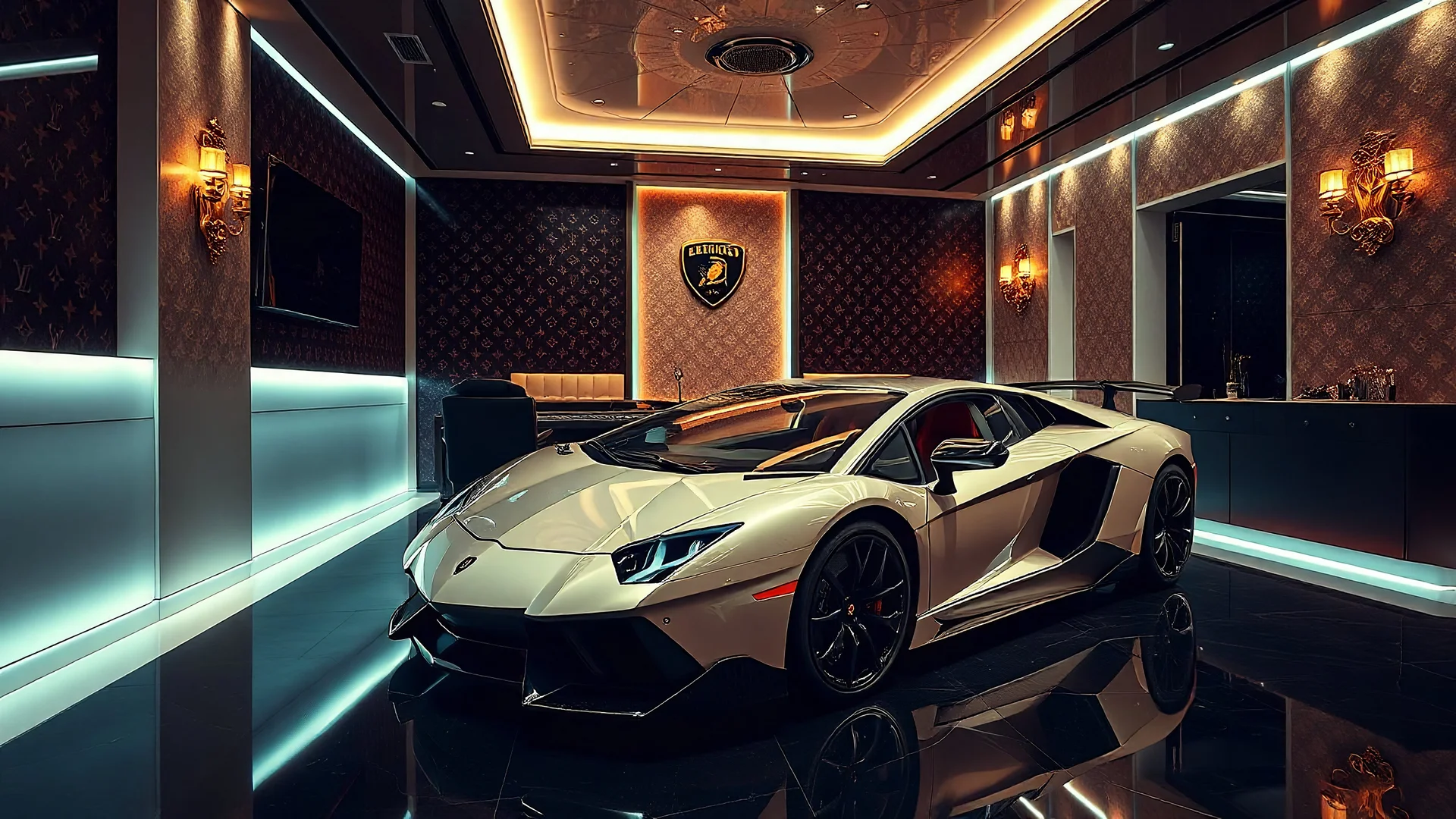 Louis Vuitton Lamborghini, VIP Louis Vuitton room, elegant, exotic, beautiful, award winning, studio lighting, insanely detailed