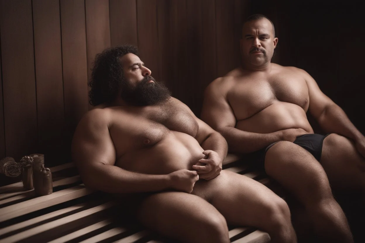 full body shot photography, two muscular chubby ugly burly marocan men , sweat, bulge, masculine hairy 43 year old man, curly hair, manly chest, curly beard ,big shoulders, big arms, big legs, bulge,, ambient occlusion , lying down sleeping in a steamy Sauna, super high resolution, 8k, dim light, side light, ultra hyper realistic, frontal view