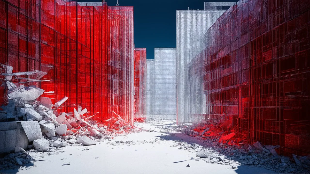 Surreal Art of Futuristic surreal image of Surreal and brutalist architecture of colored glass, concrete and steel, in reds, whites and blacks. Inhabited,Theme neo-brutalist,Subject glass citadels,Color Palette frosted white,Composition dense clustering,Imaginary World glass desert,Surreal Elements living facades,Perspective downward collapse,Mood alienated order,Symbolism inhuman warmth