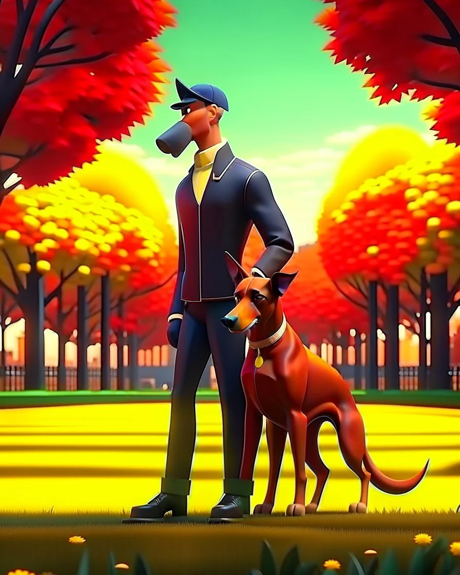 Animated cartoon of man with Doberman dog in the park incredibly detailed 8k concept art