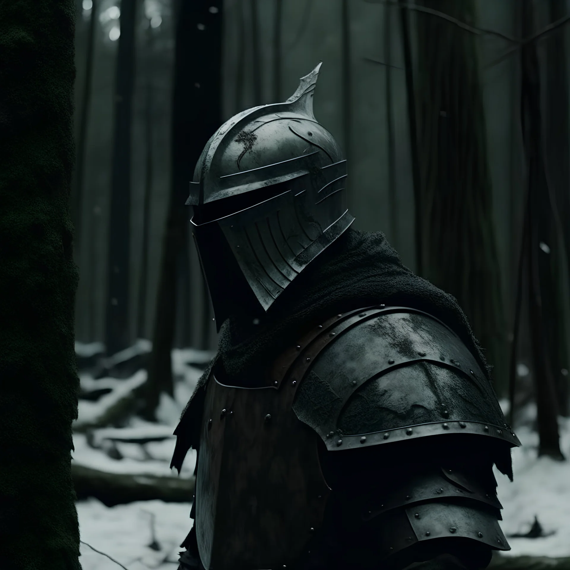 a forest scene, cold, windy, snowy, ruthless forest, scary, a warrior with helmet, cinematic bottom angle shot, muscular body, standing fearlessly, face helmet cover, minimal armor