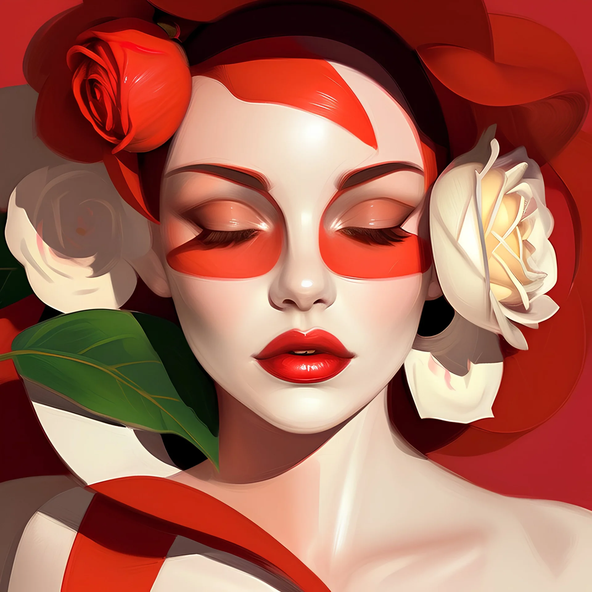 A stylized, abstract portrait of a woman wearing a large, wide-brimmed white hat. The hat is adorned with a white rose and frames her face, which is partially hidden. Her lips are painted a bold red, and her shoulders are softly curved. Flowing green and leaf-like shapes emerge from behind, creating a harmonious blend of nature and femininity against a dark background. The artwork emphasizes elegance and sophistication in a modern design style.