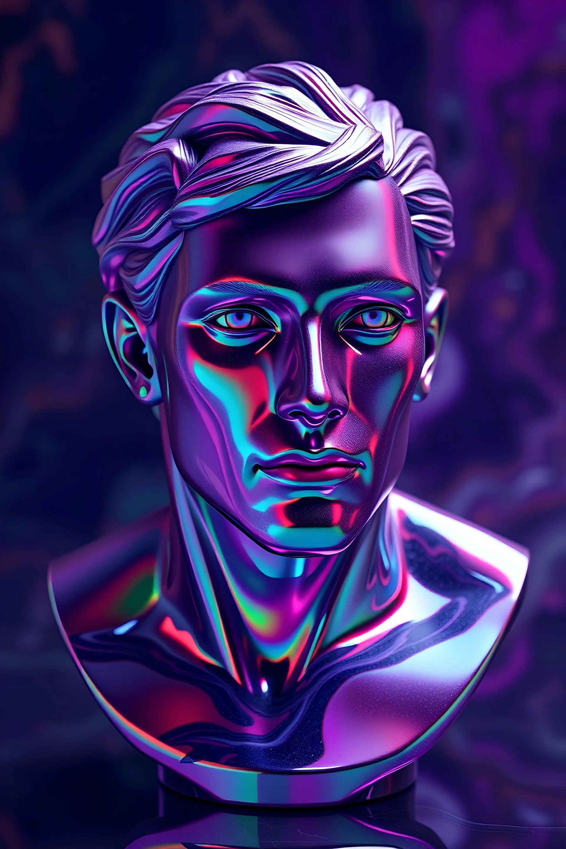 A stunning iridescent male marble bust, Unreal Engine render 8k, high contrast, vibrant colors, very reflective, perfect lighting, trippy colorful background, ZBrush