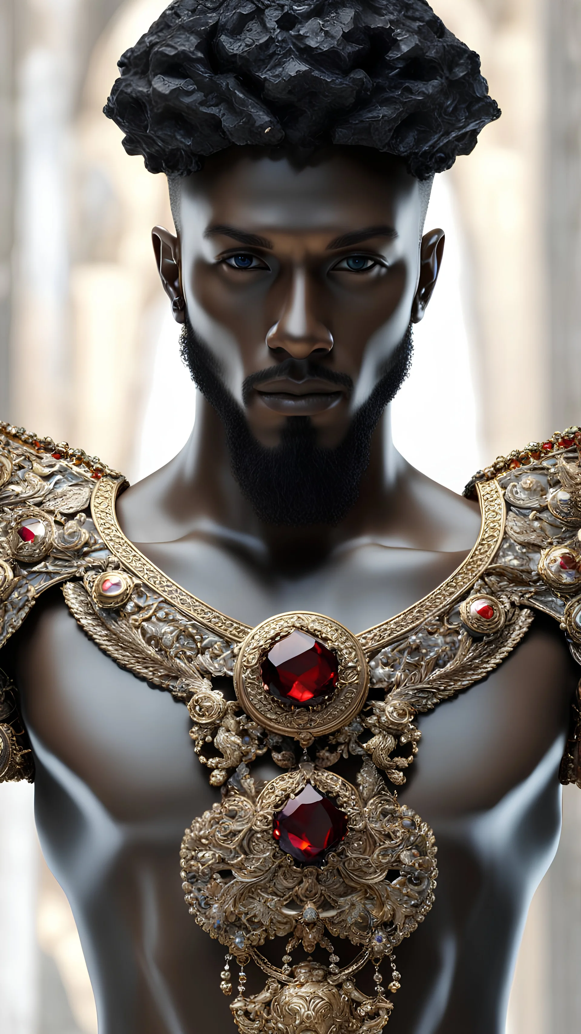 AI BYZANTINE style, 3d photo realistic portrait of young MAN, light skinned, handsome, hard eyes, smiling, rugged, goatee, opulent, ornate, shiny molten metalics, large shiny mixed GEMSTONES, shiny BAUBLES, high definition, insane details, shadows, octane render, 64k, 3d