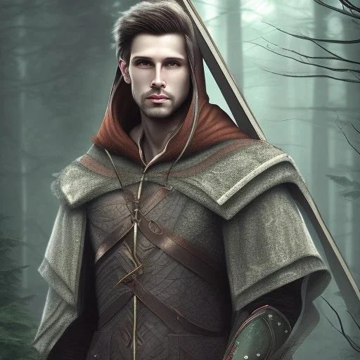 Male, Dark hair, Digital Art, Archer, Hooded Cloak, Dark Forrest background