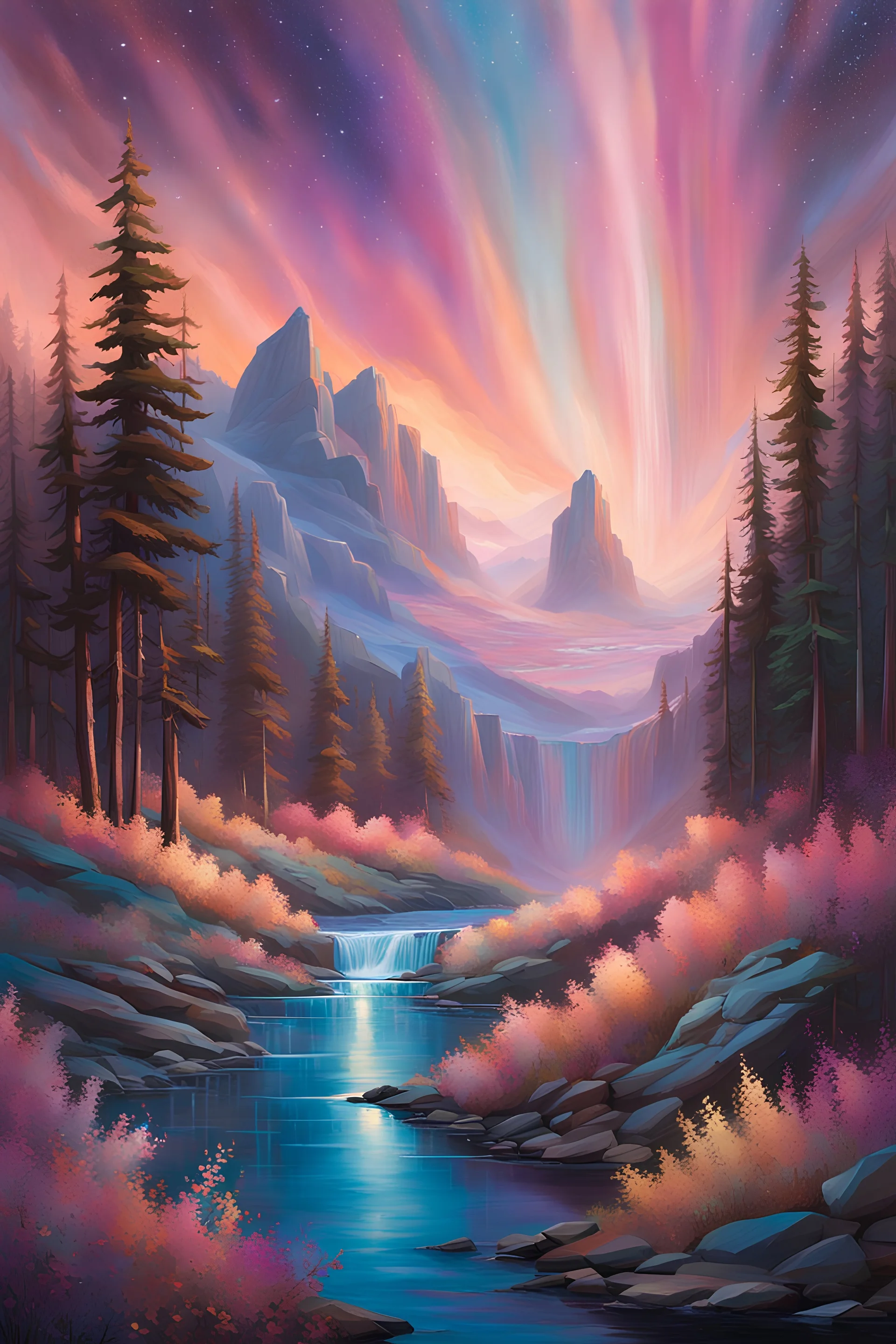 Xylophoria is enveloped in a shimmering, iridescent atmosphere that bathes its surface in hues of cerulean, amethyst, and rose gold. The sky dances with ethereal ribbons of light, akin to the auroras of Earth, but perpetually present.