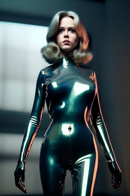 Ultra Realistic retro sci-fi portrait New York image from 1960, many spaceships, sweet young Jane Fonda, tight latex suit, weapon, fighting stance, soft color, highly detailed, unreal engine 5, ray tracing, RTX, lumen lighting, ultra detail, volumetric lighting, 3d, finely drawn, high definition, high resolution.