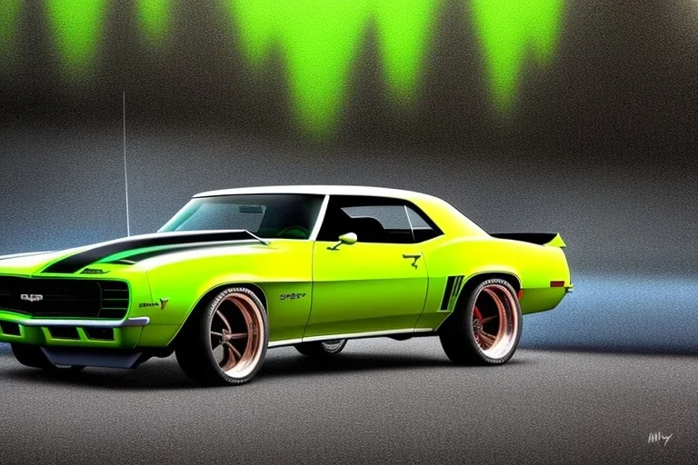 a true-to-life 1969 chevrolet camaro pro street widebody, two-tone paintwork, classic hotrod wheels, detroit steel wheels, pen and color marker, centered, intricate, extreme detailed, photorealism, center view, stylized random background, pivot on camaro, painting by cheryl kelley