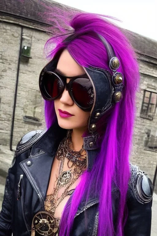 Ultra realistic photo of a steampunk woman ,, wearing leather jacket, long purple and pink hair, , 8k, highest quality,