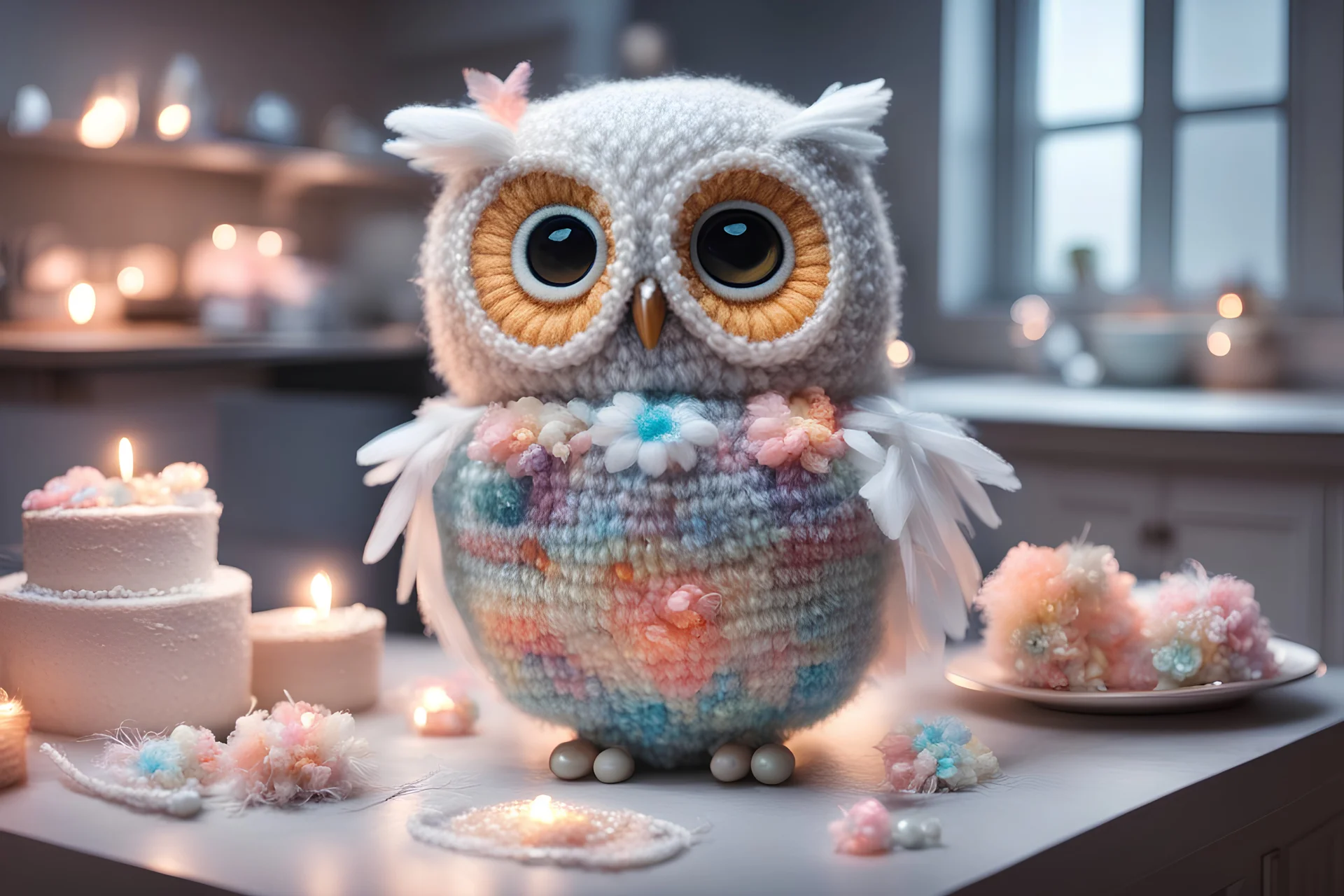 cute chibi plushy fluffy knitted and embroidered natural colored owl with cake in a kitchen, feathers, iridescent flowers incorporated, light emitting, bioluminescent holographic room, silver foil, sparkling diamonds, holographic raw pearls, ethereal, cinematic postprocessing