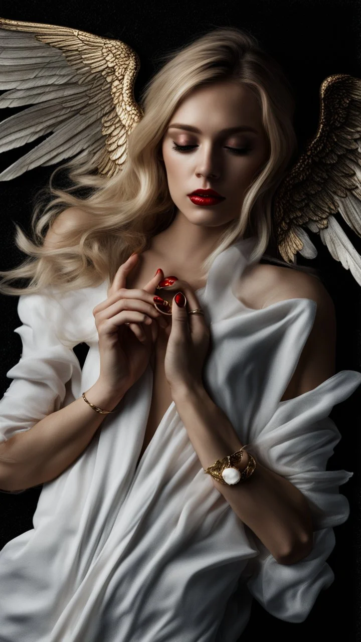 A beautiful, blonde girl in her twenties, with white wings, and a red ring over her eyes. She holds a golden wing in her hand. She sleeps on a luxurious black carpet. Cinematic photo from above.