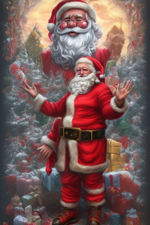 Beast evil Santa Cruz in big red clothes and gift bag full of children bodies