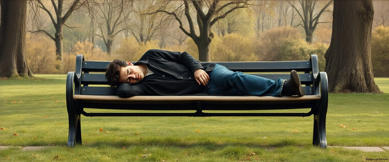 master oil painting by Rembrandt, flat person sleeping on a bench in the park