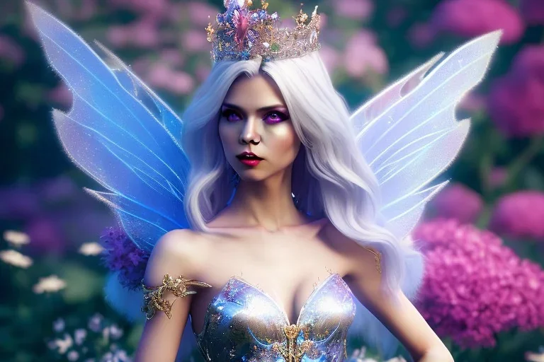 Fantasy cute fairy with wings, smiling, make up, long blond platinum hair, blue eyes, crown, beautiful dress, flowers in background, HQ, unreal engine