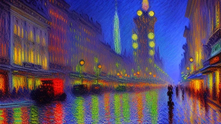 Modern city at night with modern cars, claude monet impressionism painting