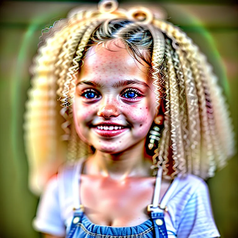 A cute little girl, curly blonde hair, the look on her smiling face.