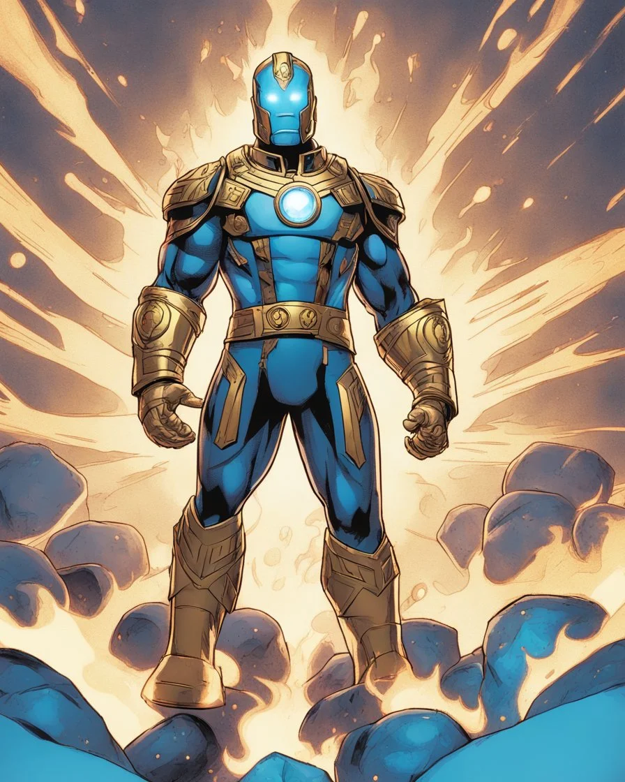 An armor made of a mixture of steel and leather, worn by a strong commander with magical power K's infinity gauntlet has six infinity stones While standing on a majestic height from afar A flaming-eyed commander with flaming light blue pupils stands atop a squire