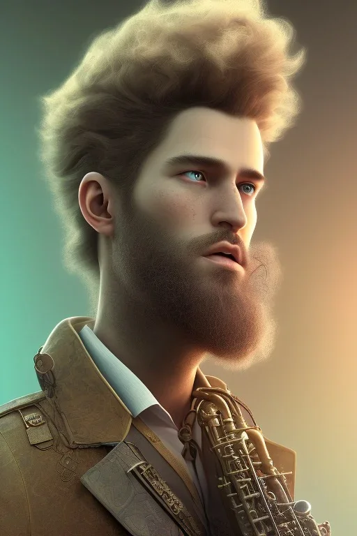 steampunk , saxophone player, caucasian man, big hair, post-apocalytic setting, volumetric lighting, particals, intricate detail,realistc, close up