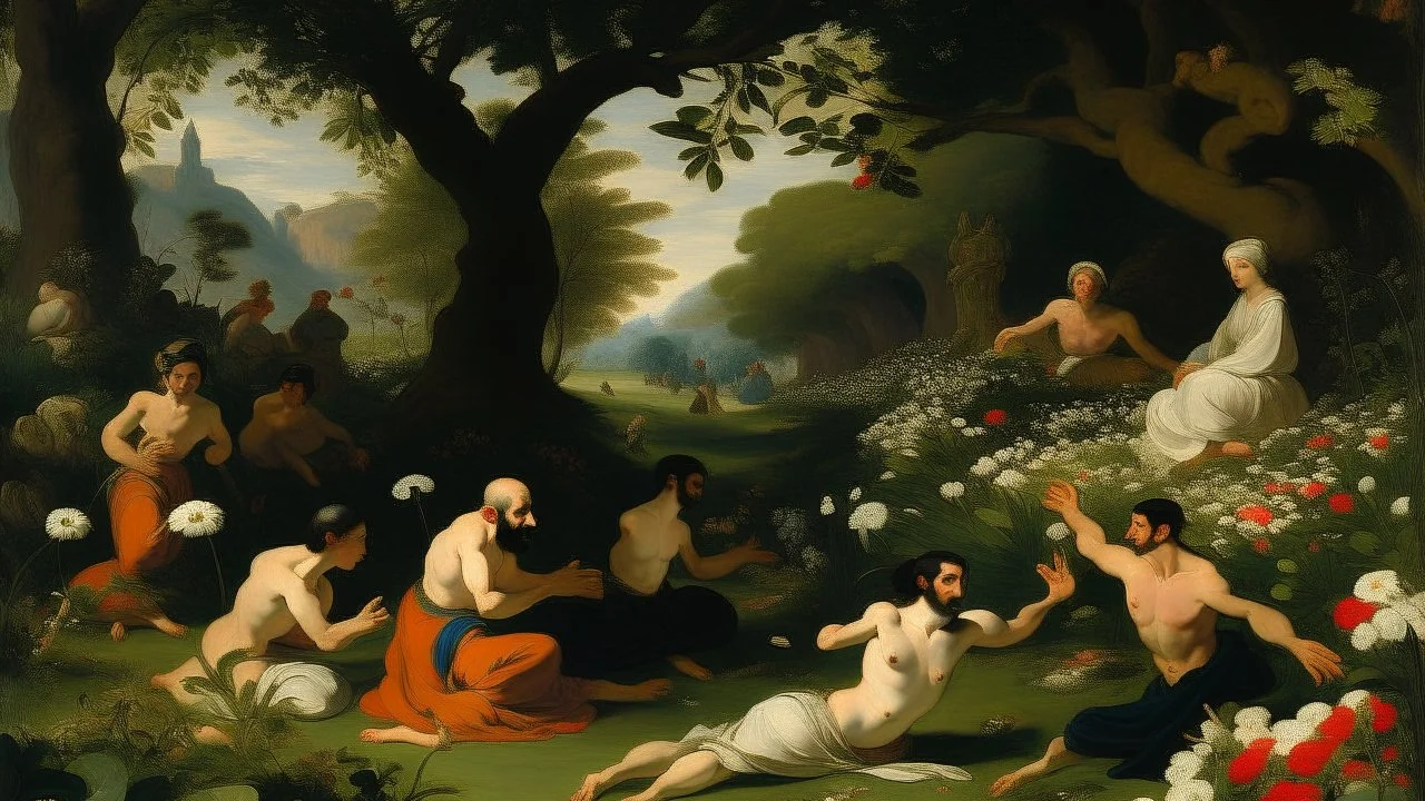 An oil painting by Caravaggio and Myazaki of people practicing yoga surrounded by blooming flowers and lush vegetation.