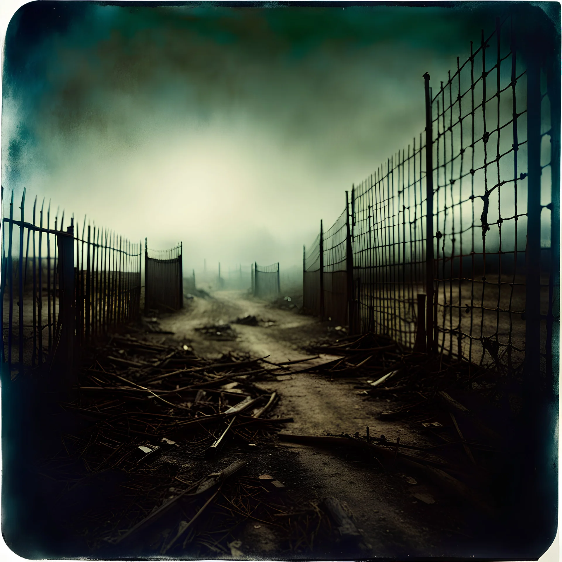 Photorealistic polaroid style nothingness and distress, wasteland night Max Ernst Hieronymus Bosch, creepy, volumetric light, movie shot, details, high contrasts, fence, nightmare, hypermaximalist