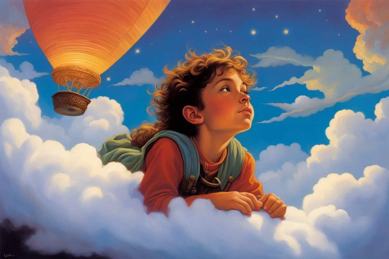 A child having a beautiful dream floating on a cloud painted by Michael Whelan. concept art, mid shot, intricately detailed, color depth, dramatic, 2/3 face angle, side light, colorful background