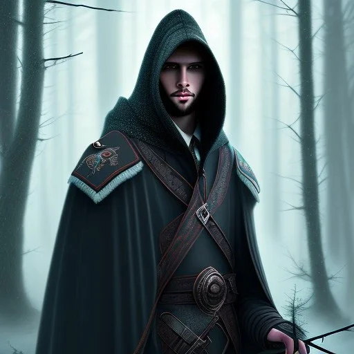 Male, Dark hair, Digital Art, Bow in hand, Hooded Cloak, Dark Forrest background