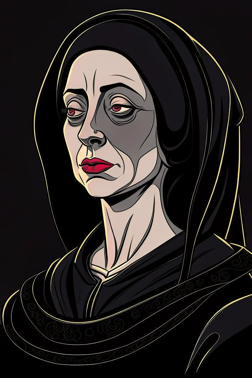 A portrait of a 40-years old beautiful aristocrat woman from XV century in strict dark clothes, authoritative, cold, emotionless, in the style of Genndy Tartakovsky's cartoons, uncovered head