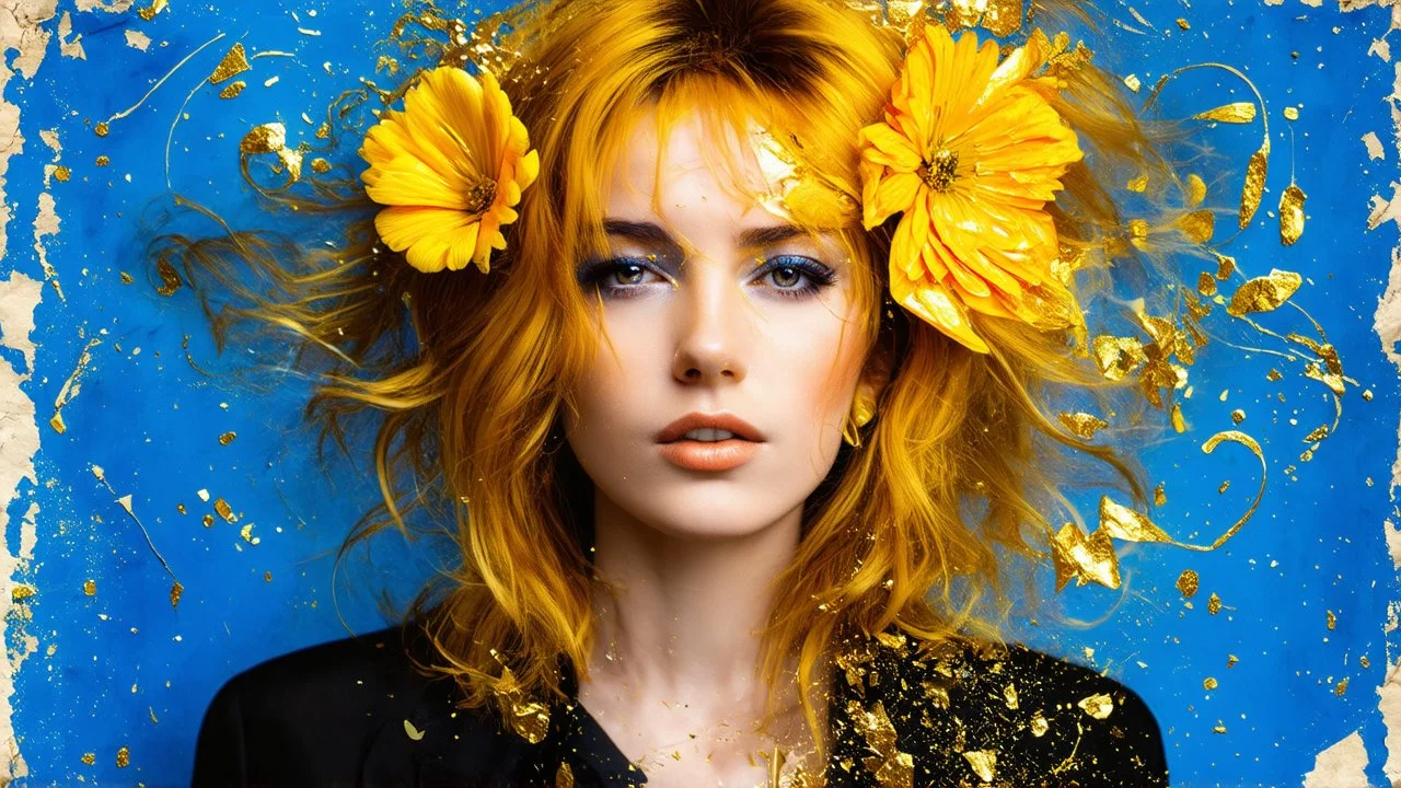 old worn paper, blue background, portrait punk woman, golden hair, flowers made of gold, golden fragments, silver particles, swirls, glare, glow from within, 8K, fine rendering, high detail, hyperrealism, high resolution, multi-layered, hyperdetail, hyperfocus,