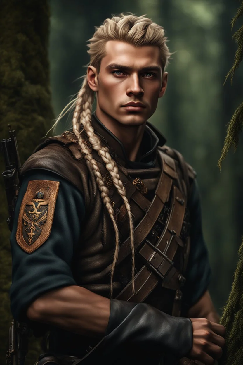 photorealistic hyperdetailed portait of 20-year-old german male, as mercenary with long blonde braided and undercut hair, tribal tattoos and neatly trimmed beard wearing modern mercenary uniform dark fantasy forest backdrop