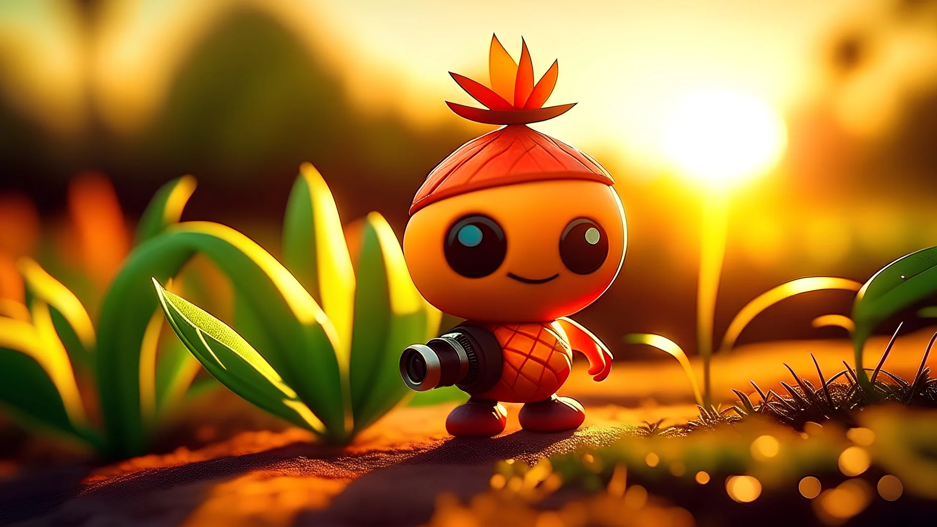 Develop a playful cartoon character, blending plug and plant features to form a unique mascot. Use a mirrorless camera with a wide-angle lens at a moderate aperture, capturing the character in the warm tones of sunset. Character style: Whimsical. Film type: Vibrant.