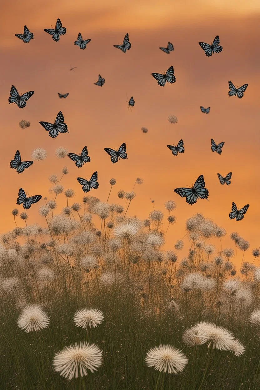 Butterflies flying up from a field of dandelions at sunset