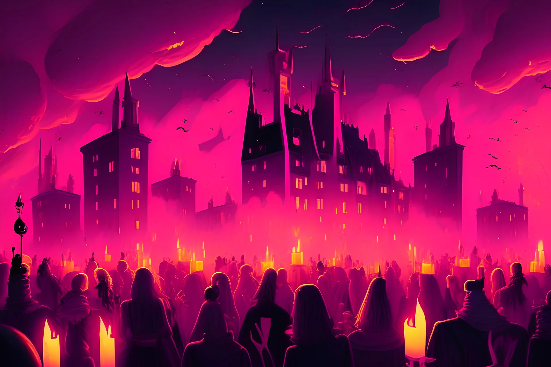 Pink Halloween party with yellow candles and a crowd in a lighted city under the sky