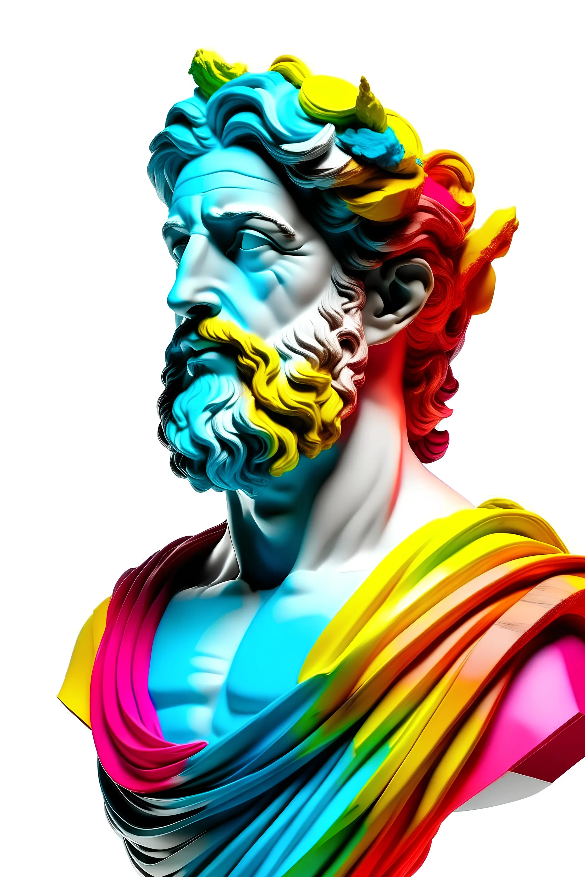 Bust of a Greek god in colors on a plain white background