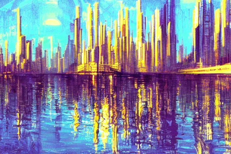 Sunny day, cyberpunk buildings, water reflections, sci-fi, concept art, tendency to impressionism, realistic painting