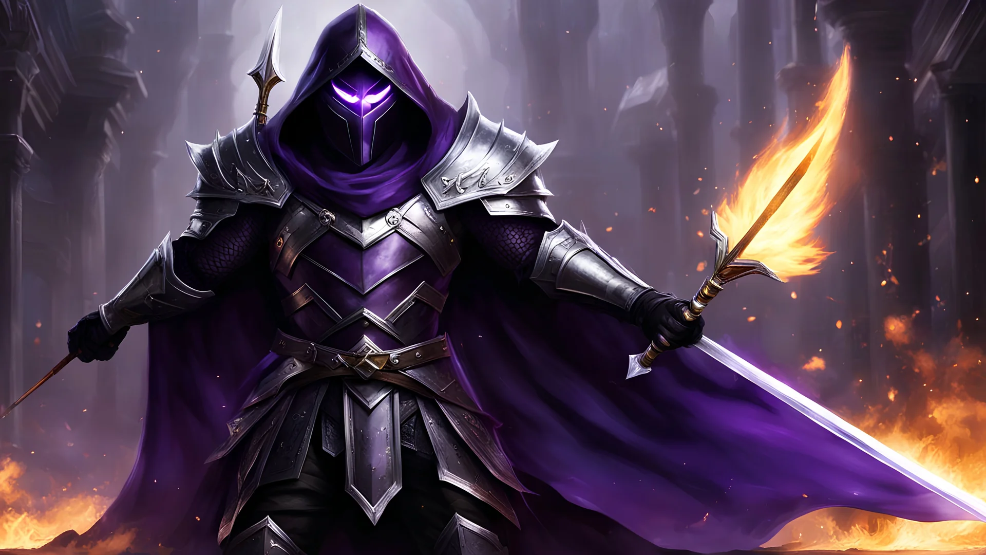 Black and purple assassin armour with a silver trim going down the armour, shadowy flames erupting from the arms, glowing purple eyes, black and silver arrow quiver, ghostly purple flowing cape