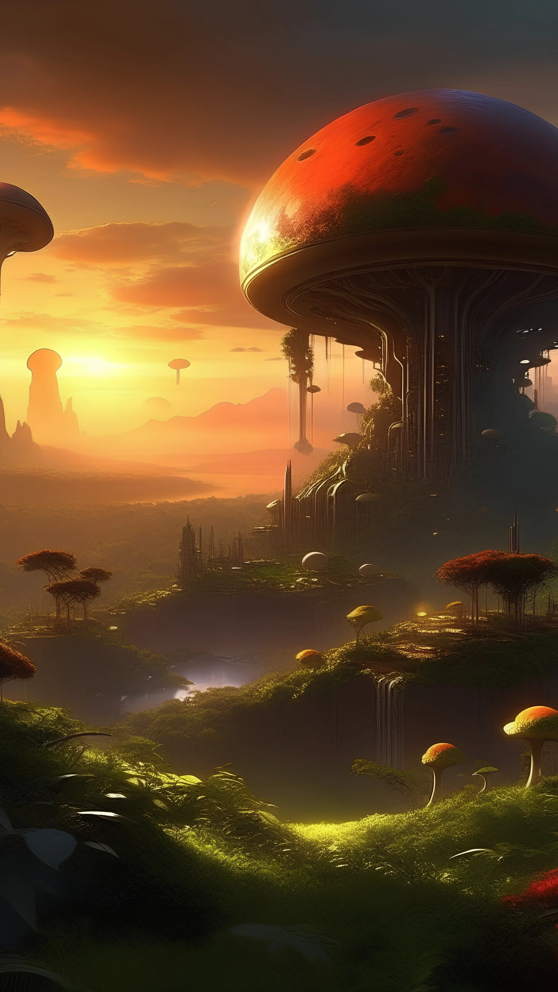 sci fi planet, sunset, jungle forest mushroom city