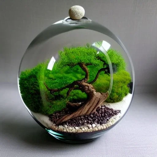 stunning bonsai terrarium in a glass orb, pebbles, pastel colors, warm lighting, linen backdrop