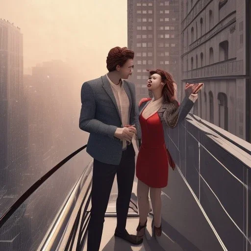 a man and a woman screaming at each other on a balcony, downtown new york, dramatic, dramatic lighting, volumetric lighting, hyperrealism, 8k, high quality, photorealistic, lot of details