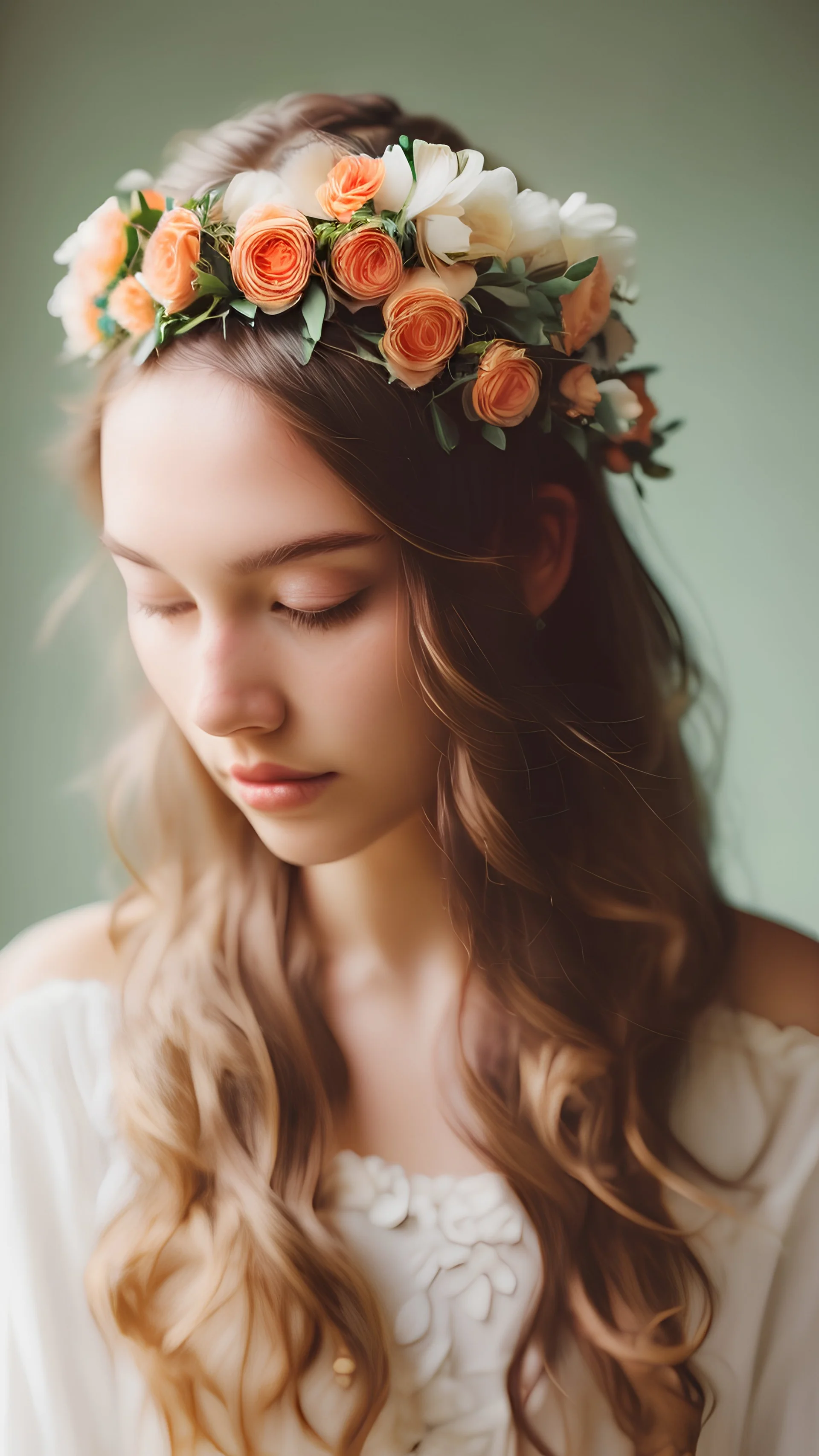 a beautiful woman, wavy hair, floral crown