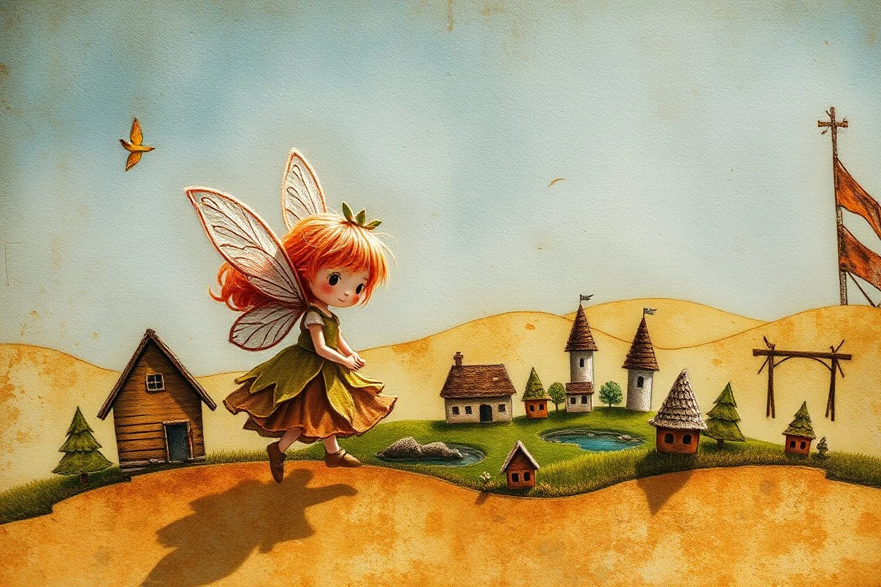 double exposure, merged layers, golden patina, corrosion, topographic lines, needle felt mohair cute chibi fairy princess, fairy village, watercolor and charcoal S<AI in sunshine