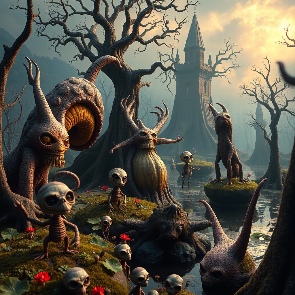 Odd swamp landscape with odd beings, surreal abstract Max Ernst style, Tim Burton, Harry Potter, 120mm photography, sharp focus, 8k, deep 3d field, very detailed, volumetric light, very colorful, ornate, F/2.8, insanely detailed and intricate, hypermaximalist