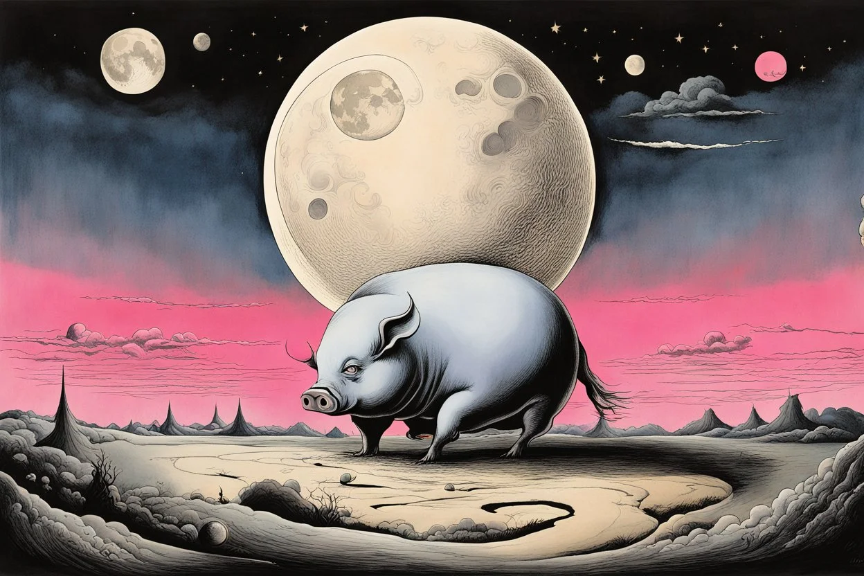 surreal sneaky lunar pig curled up as the moon shining on a lunatic landscape, Style by Gerald Scarfe and Yves Tanguy, sinister surreal masterpiece, text "PINK FLOYD" Album art, color ink illustration, dark colors, smooth