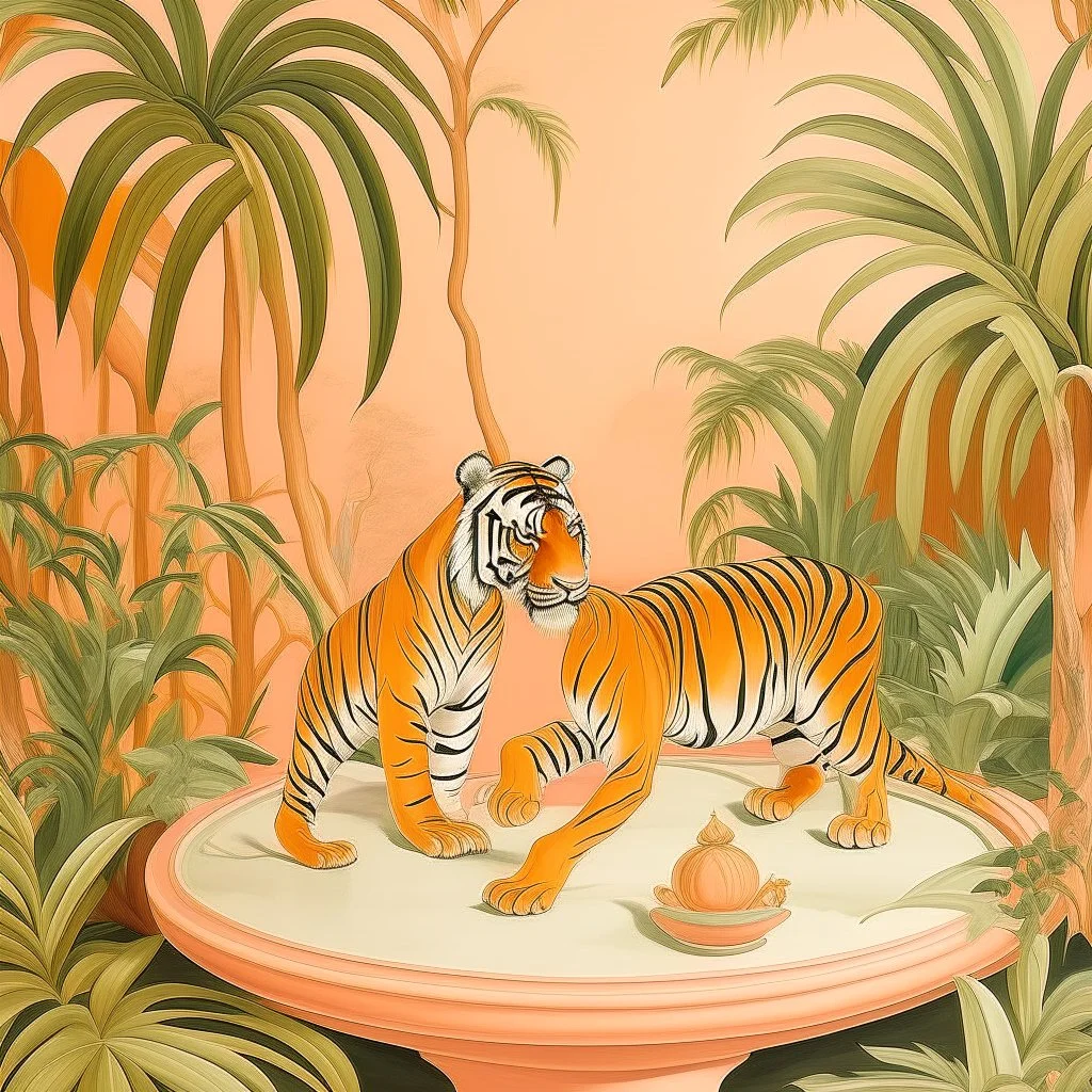 A light rosy orange colored rainforest with tigers designed in ancient Egyptian pottery painted by Peter Carl Faberge